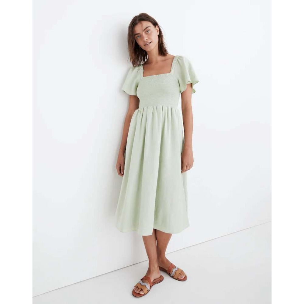 Madewell Linen-Blend Lucie Smocked Midi Dress Size Small Sunfaded Mint MD141